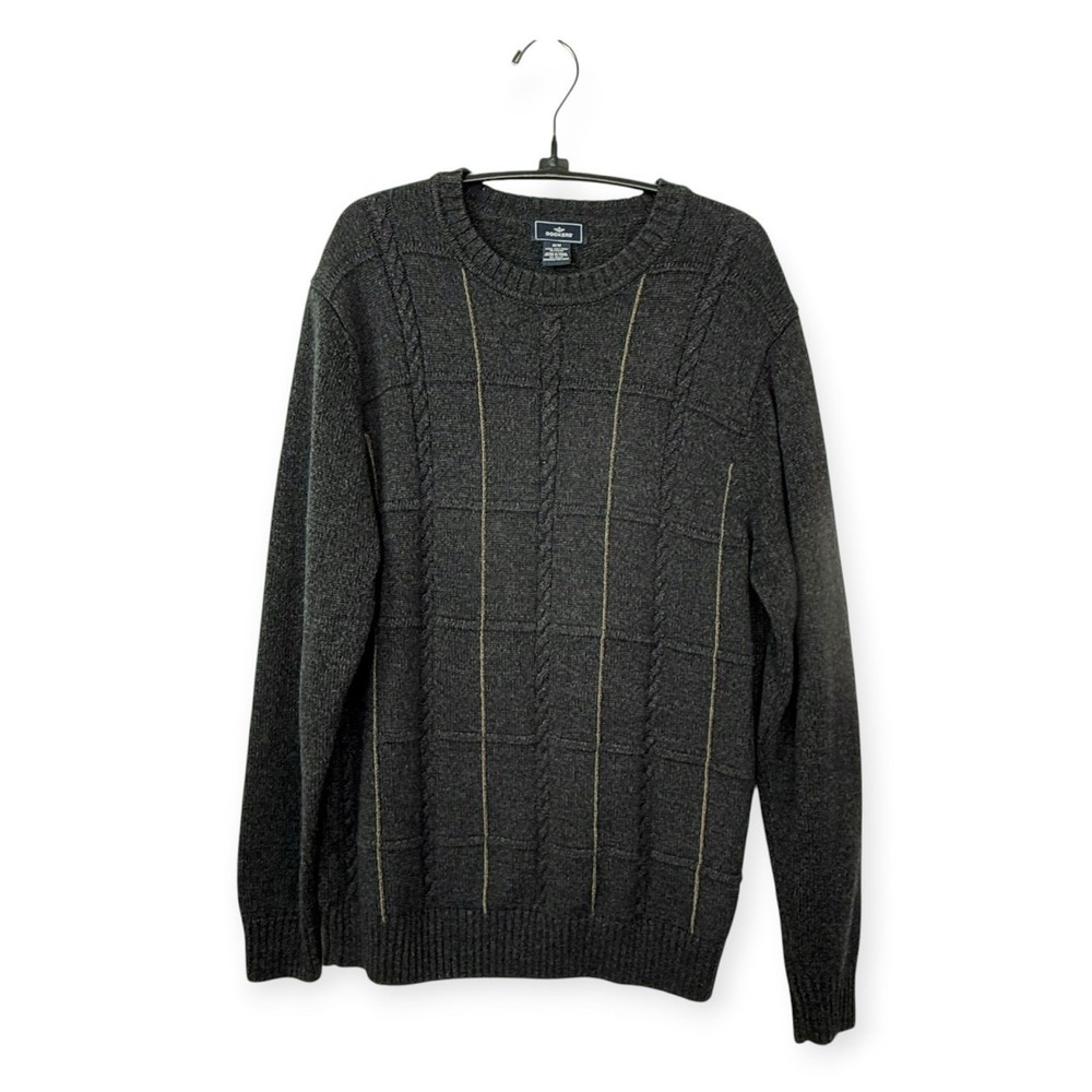 Dockers Men's Crew Neck Knit Pullover Sweater Charcoal Gray Cable Panels Sz M